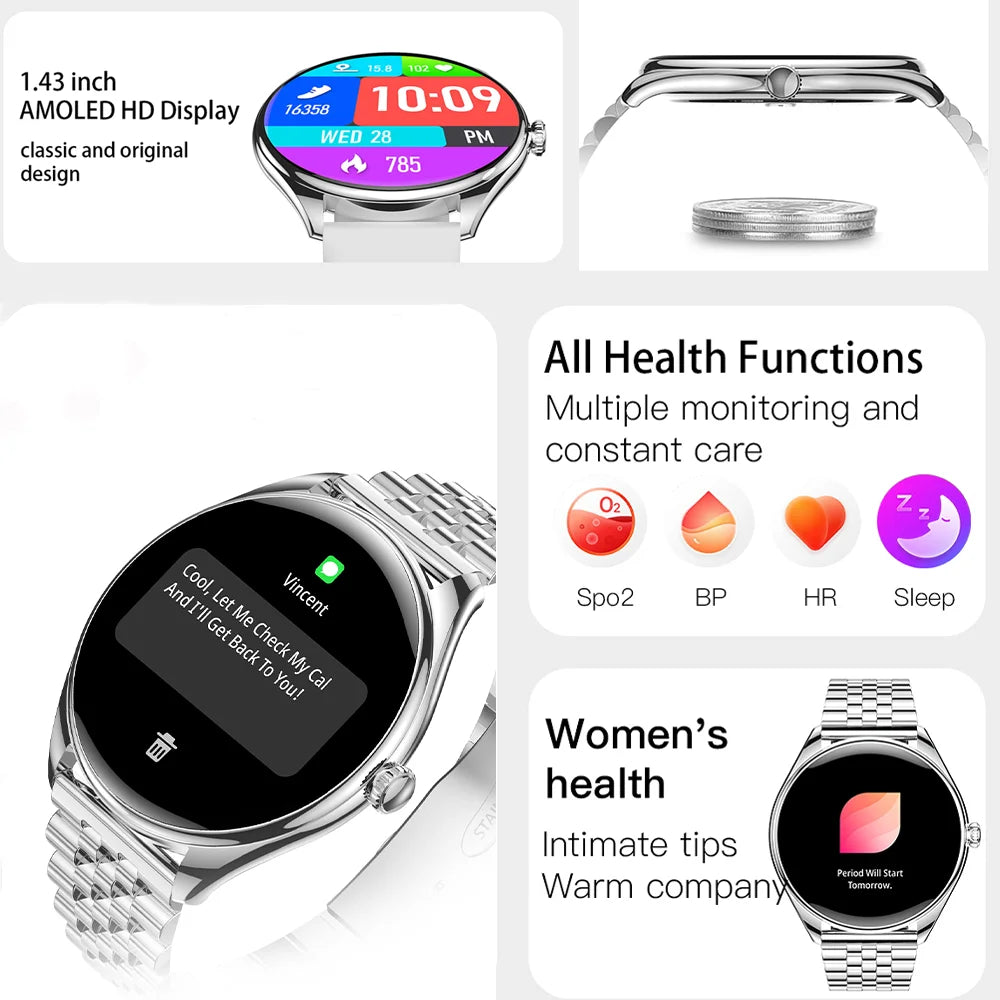 2024 Luxury Women's AMOLED HD Screen Smartwatch Bluetooth Call Connection Phone Men's Watch Health Monitor Sports SmartwatchNew